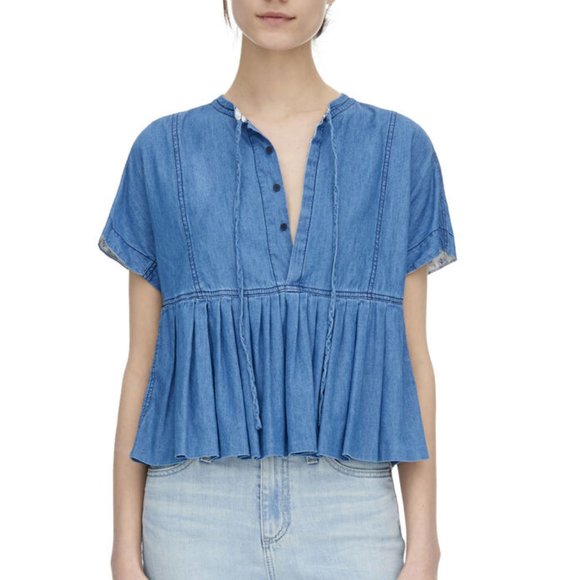 Rebecca Taylor Chambray Short Sleeve Blouse - Picture 1 of 12